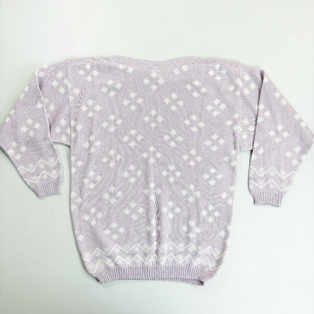 PYKETTES Vintage 80s Sweater Medium Boatneck Retro Lavender Diamond Print